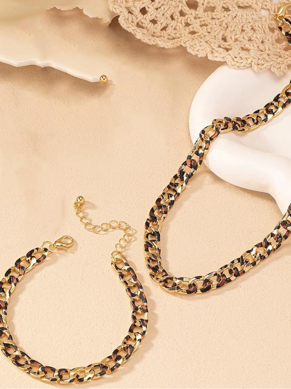 Gold Chain Necklace and Bracelet Set with Black and Brown Accents